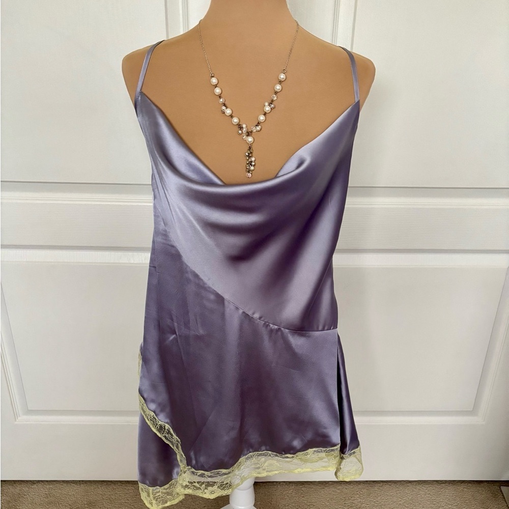 Nasty Gal Lavender Satin Slip Romper with Lemon Lace Trim